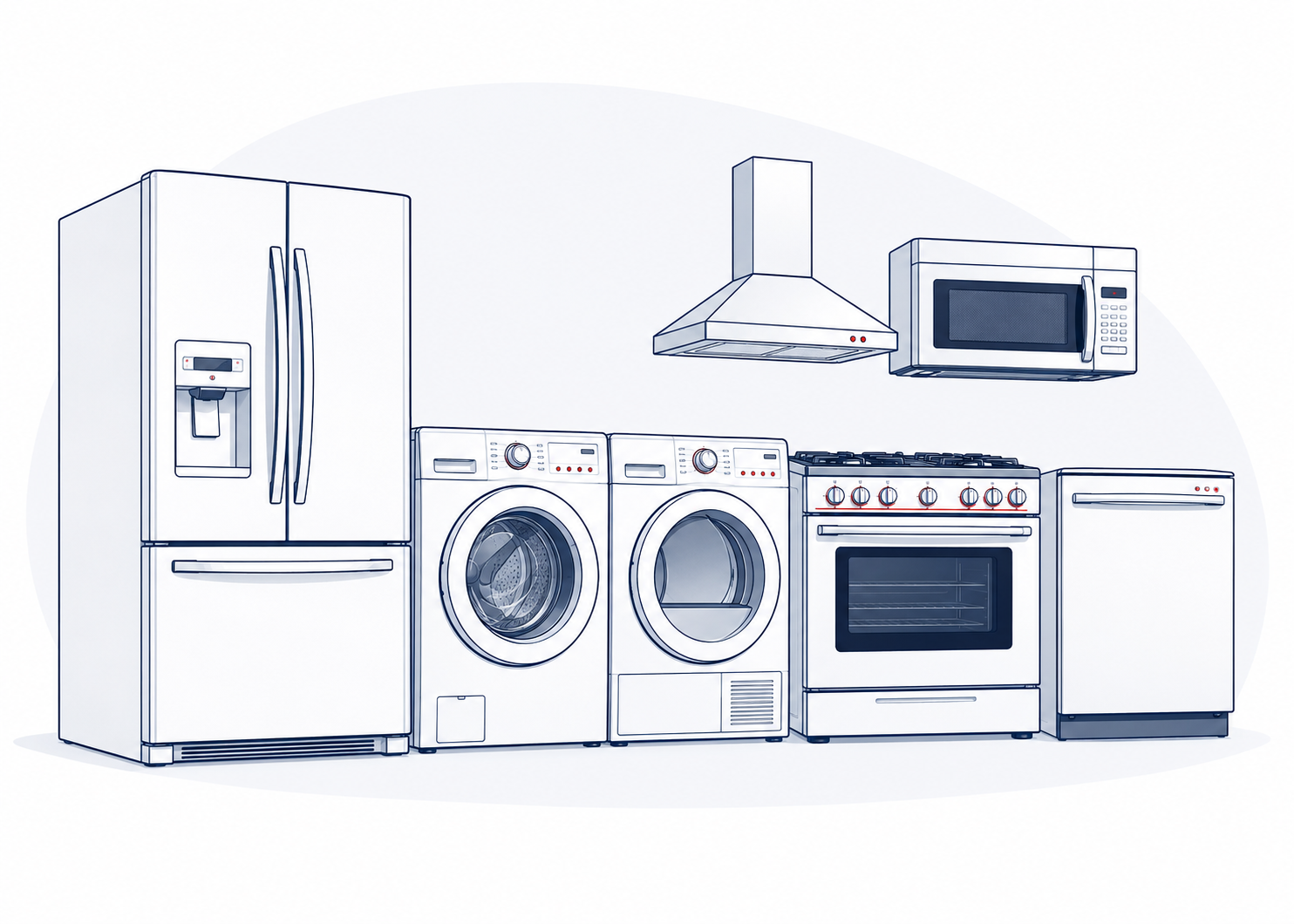 Refrigerator, laundry, cooking, dishwasher, microwave and range hood appliances